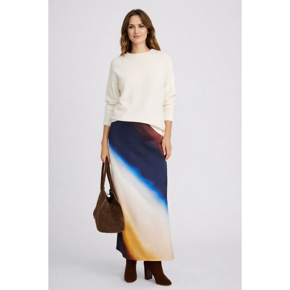 EXPRESS  New High Waisted Printed Satin Maxi Slip Skirt LARGE‎ 07650886